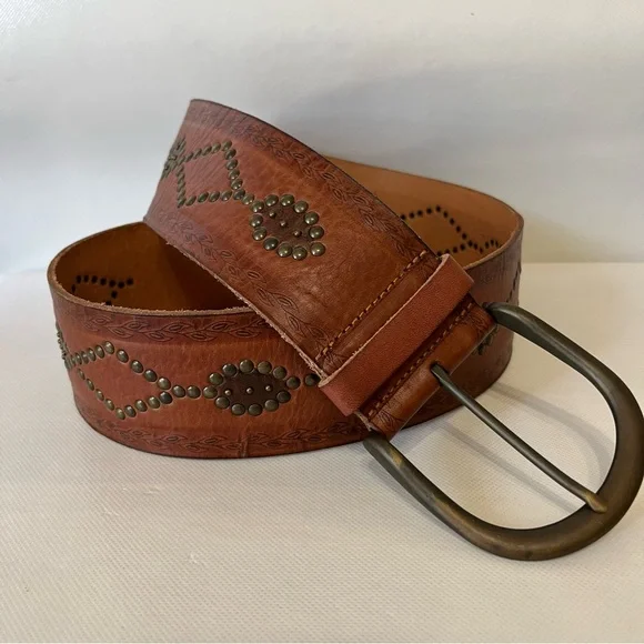 Fossil Brown Leather Studded Wide Chunky Belt - Picture 1 of 7